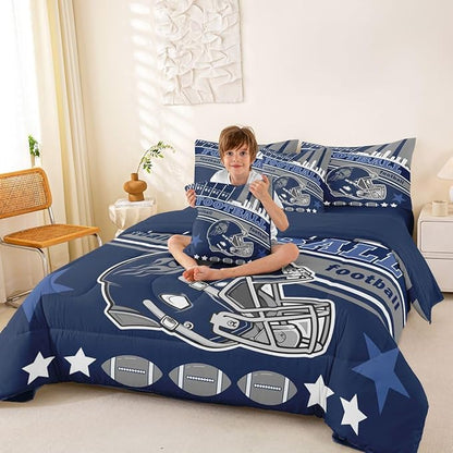 Feelyou Football 7 Pieces Comforter Sets Queen Size Kids Rugby Sports Bedding Set for All Season Football City Bed in a Bag with Comforter, Sheets, Pillowcases & Cushion Cover