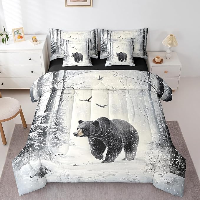 Erosebridal Black Bear Comforter Sets with Sheets, Forest Bear Bedding Set King for Boys Girls Snow Winter Theme 7Pcs Bed in A Bag Wild Animal Bed Set
