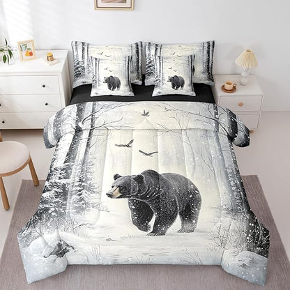Erosebridal Black Bear Comforter Sets with Sheets, Forest Bear Bedding Set Twin for Boys Girls Snow Winter Theme 7Pcs Bed in A Bag Wild Animal Bed Set