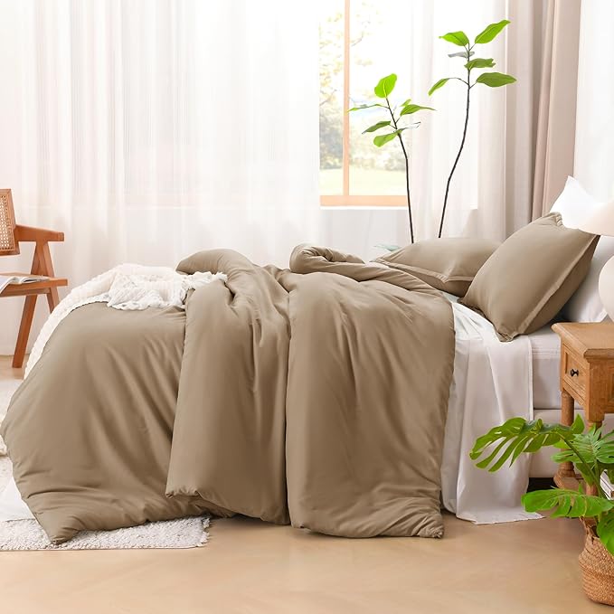 Litanika Taupe Comforter Set Queen Size, 3 Pieces Solid Bedding Comforter Set, All Season Fluffy Bed Set (90x90In Comforter & 2 Pillowcases)
