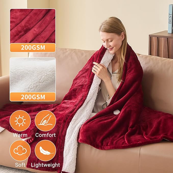 Electric Heated Blanket King Size 90''x100'' Soft Flannel & Sherpa Electric Blanket with 10 Heating Levels, Automatically Shut Down After 8h with Overheat Protection Machine Washable