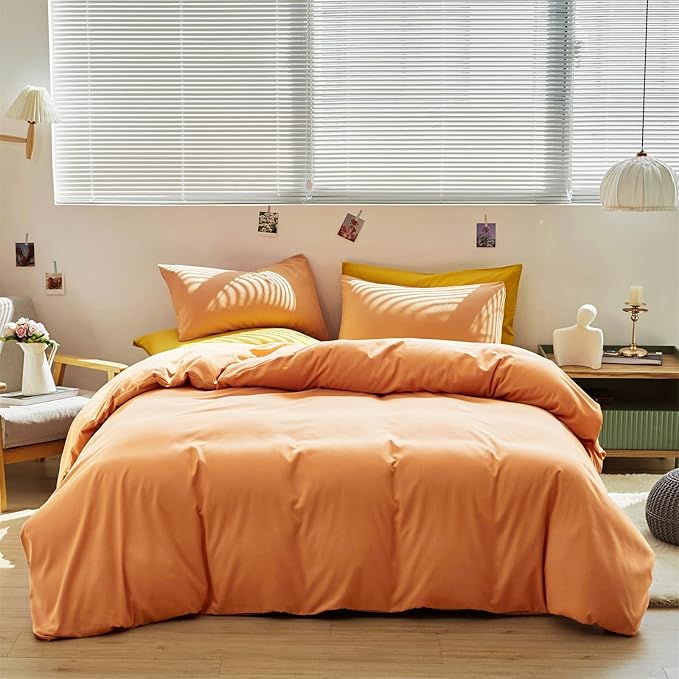 Cottonight Peach Comforter Set - Full Light Orange Bedding, Cotton Coral Pink Quilt, Soft Simple Breathable Modern Solid for Women Men