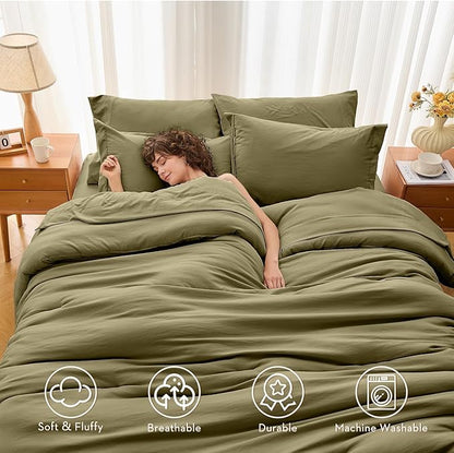 MUXHOMO 7 Pieces California King Comforter Set, Soft Bed in a Bag Cal King Size, All Season Bedding Set with Comforter, Flat Sheet, Fitted Sheet, Pillowcases & Shams, Olive Green