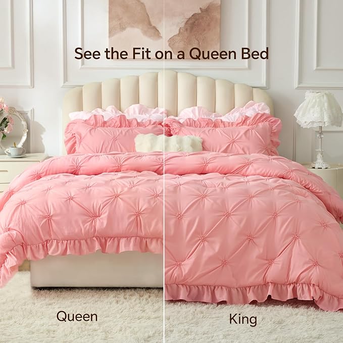 BEDELITE Pink King Size Comforter Set - 3 Pieces Boho Ruffle Pintuck Bedding Comforter Sets, Lightweight Soft & Warm King Bedding Set with 2 Pillowcases for All Season