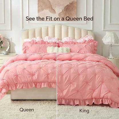 BEDELITE Pink King Size Comforter Set - 3 Pieces Boho Ruffle Pintuck Bedding Comforter Sets, Lightweight Soft & Warm King Bedding Set with 2 Pillowcases for All Season