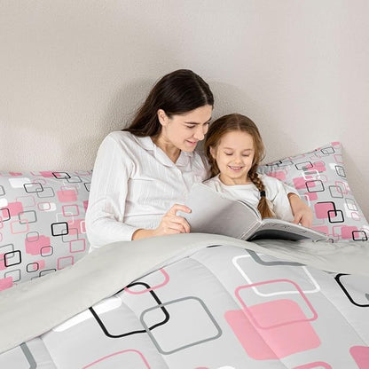 Erosebridal Pink Geometric Square Kids Comforter Sets Pink and Gray Striped Queen Bedding Set for Girls Boys Minimalist Art Aesthetic Comforter Set Modern Abstract Plaid Quilt Duvet 3 Pcs