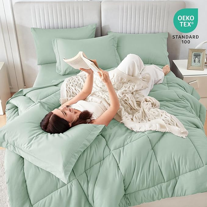 Sasttie Queen Comforter Set, 7 Pieces Bed in a Bag Queen, Complete Bedding Set Includes Comforter, Flat Sheet, Fitted Sheet, Pillowcases and Pillow Shams, Sage