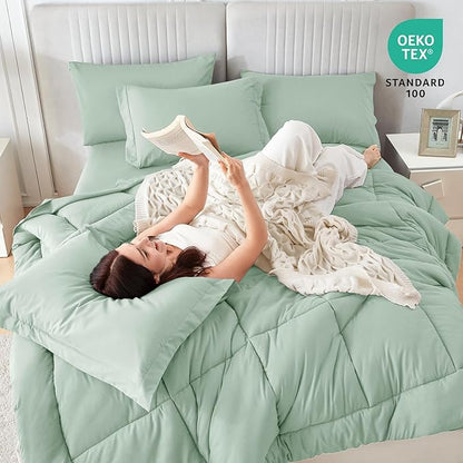 Sasttie Queen Comforter Set, 7 Pieces Bed in a Bag Queen, Complete Bedding Set Includes Comforter, Flat Sheet, Fitted Sheet, Pillowcases and Pillow Shams, Sage