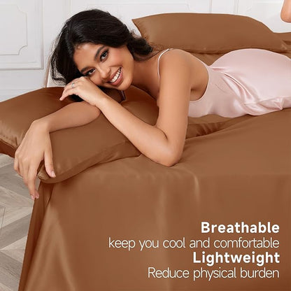THXSILK Luxury Mulberry Silk Bed Sheets Set - 4pcs Silk Sheets Set 16" Deep Pocket - 1 Fitted Sheet, 1 Flat Sheet, 2 Pillowcases with Zipper Closure - Full, Brown