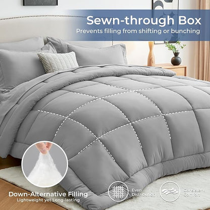 Sasttie King Size Comforter Set, 7 Pieces Bed in a Bag King, Complete Bedding Set Includes Comforter, Flat Sheet, Fitted Sheet, Pillowcases and Pillow Shams, Light Grey