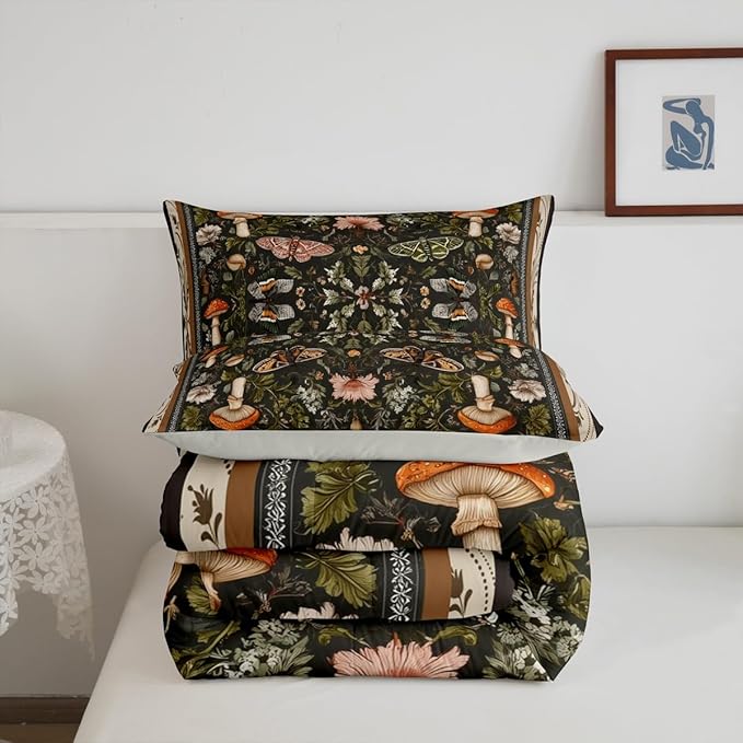 Erosebridal Boys Gothic Moth Black Comforter Set Twin, Boho Mushroom Bedding Set Butterfly Vintage Floral Comforter, Retro Leaf Wild Mushroom Quilt with 1 Pillowcase for Kids Teens Women Men