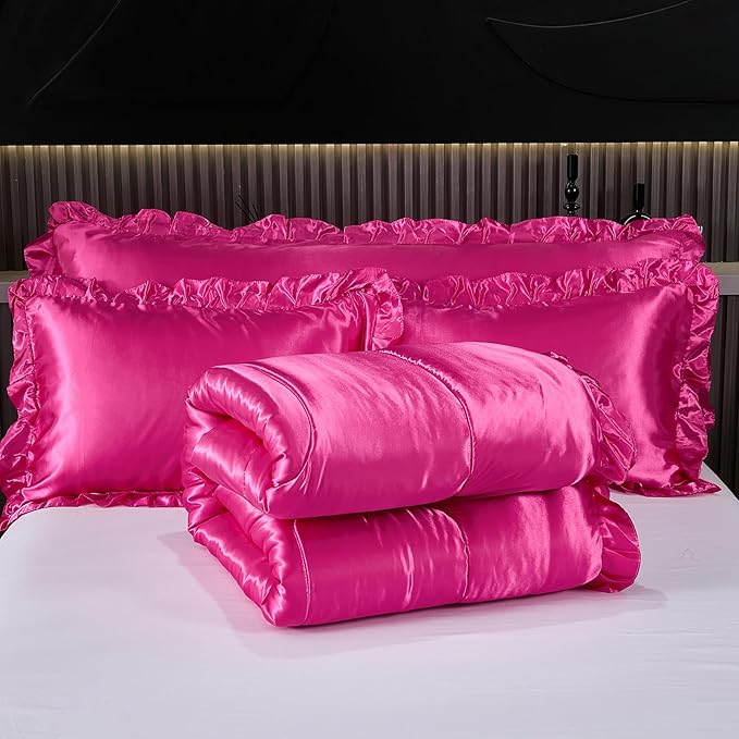 Hot Pink Queen Comforter Set Silk Like Satin Bedding Set 4 Pcs Hotel Soft Polyester Satin Bed Set Luxury Silky Body Pillow Cover Ruffle Down Comforter Home Decor