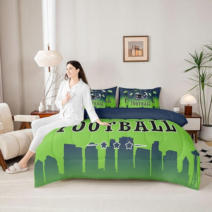 Erosebridal Football Bed in A Bag American Soccer Sports 7 Piece Bedding Set Rugby Sports Games Comforter Set with Sheets Blue Green Soft Lightweight Bed Set King for Kids Boys Teen Adults