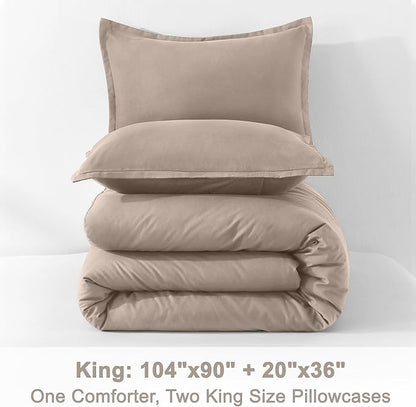 Litanika Light Coffee Comforter King Size, 3 Pieces Lightweight Solid Bedding Comforter Set, All Season Fluffy Bed Set