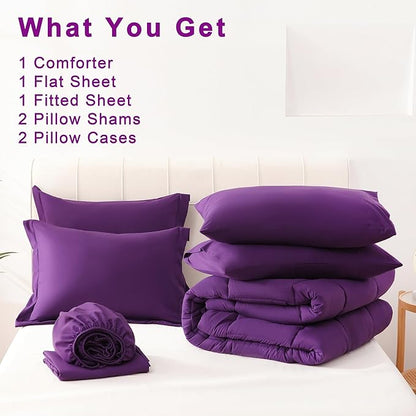DOWNCOOL Full Size Comforter Sets, 7Pcs Full Size Bedding Sets Dark Purple, All Season Down Alternative Bedding Comforter Sets with Comforter, Flat Sheet, Fitted Sheet, 2 Pillow Shams & 2 Pillowcases
