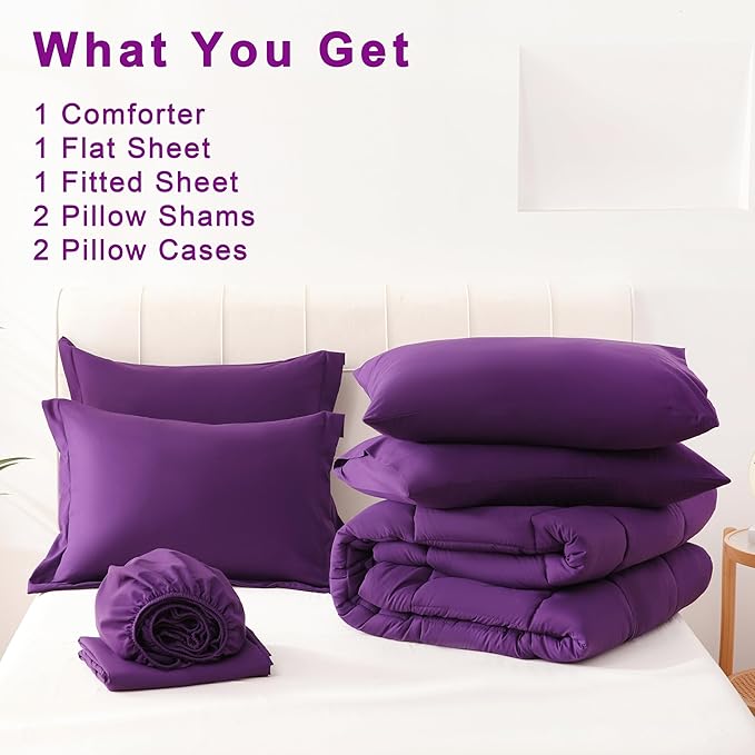 DOWNCOOL Queen Comforter Set, 7Pcs Bedding Sets Queen Dark Purple, All Season Down Alternative Bed in a Bag Queen with Comforter, Flat Sheet, Fitted Sheet, 2 Pillow Shams & 2 Pillowcases