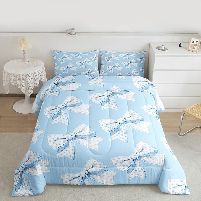 Erosebridal Blue Cartoon Bowknot King Bedding Set For Girls,Cute Kawaii Dot Bow Comforter Set Girly Coquette Princess Style Bedding Comforter Sets For Kids Teen Adults,Romantic Aesthetic Bow Tie Quilt