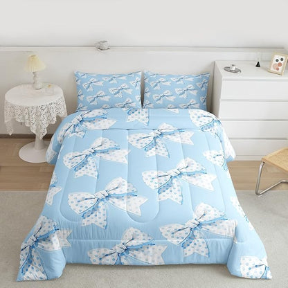 Erosebridal Blue Cartoon Bowknot King Bedding Set For Girls,Cute Kawaii Dot Bow Comforter Set Girly Coquette Princess Style Bedding Comforter Sets For Kids Teen Adults,Romantic Aesthetic Bow Tie Quilt