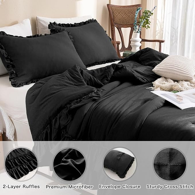 Masaca Black Ruffled Comforter Set Queen,Farmhouse Shabby Boho Chic Bedding,Ultra Soft Fluffy Ruffle Bed Comforter Set 3-Piece (1 Ruffle Comforter+2 Pillow Shams)