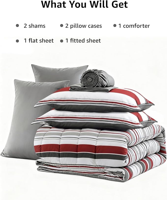 Monbix King Size Comforter Set - 7 Pieces Bed in a Bag King, Red and Black-Stripe Bedding Sets, All Seasons Comforter Bed Set with Sheets, Pillowcases & Shams