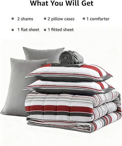 Monbix Queen Comforter Set - 7 Pieces Bed in a Bag Queen, Red and Black-Stripe Bedding Sets, All Seasons Comforter Bed Set with Sheets, Pillowcases & Shams
