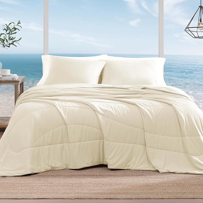 Monbix ChillChilla Cooling Comforter Queen Size-3 Pieces Cooling Blankets for Hot Sleepers and Night Sweats, Double-Sided Summer Queen Comforter Set, Breathable Lightweight Blanket Cream White