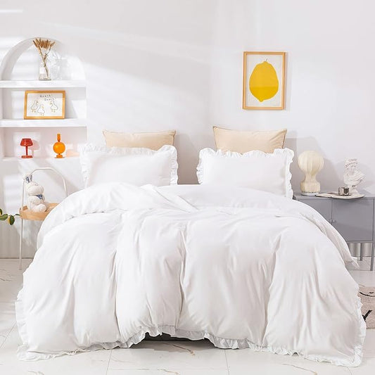 Wellboo White Comforters Queen Size Solid Color Shabby Chic Farmhouse Bedding Comforter Set Women Girls Ruffle Bed Quilt Boho White Lace Blankets Soft Vintage Rustic Floral Lace Comforter Set Durable