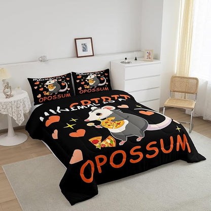 Cute Opossum Bedding Set for Boys Girls,Pizza Candy Dessert All Season Cozy Comforter Set Full Size,Cartoon Animal Theme Duvet Set Bedroom Decor,Festival Gifts