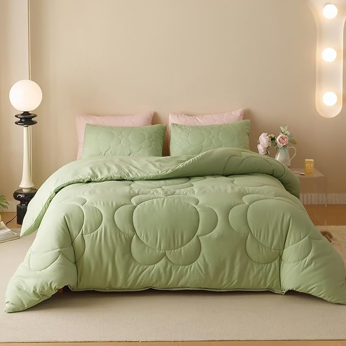 Cottonight Sage Sunflower Comforter Set - Queen Size, Light Green Floral Bedding Set - Women's Boho Farmhouse Chic Blanket & Quilts - Soft, Breathable, Grass Green Printed 3 Piece Set
