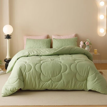 Cottonight Sage Sunflower Comforter Set - Queen Size, Light Green Floral Bedding Set - Women's Boho Farmhouse Chic Blanket & Quilts - Soft, Breathable, Grass Green Printed 3 Piece Set