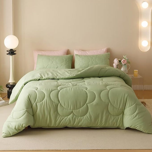 Cottonight Sage Sunflower Comforter Set - Queen Size, Light Green Floral Bedding Set - Women's Boho Farmhouse Chic Blanket & Quilts - Soft, Breathable, Grass Green Printed 3 Piece Set