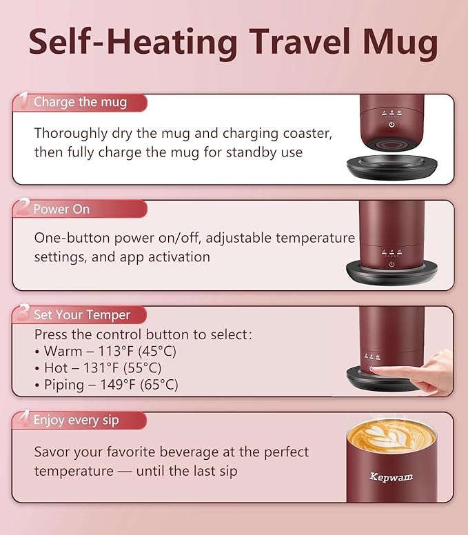 Kepwam T3 Self-Heating Travel Mug 20oz, Temperature-Controlled Coffee Warmer Mug, Smart Travel Mugs Keep Coffee Drinks Hot, Heated Cup Great for Driver Outdoor Fits Car Cup Holders