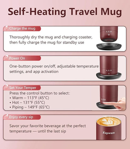 Kepwam T3 Self-Heating Travel Mug 20oz, Temperature-Controlled Coffee Warmer Mug, Smart Travel Mugs Keep Coffee Drinks Hot, Heated Cup Great for Driver Outdoor Fits Car Cup Holders