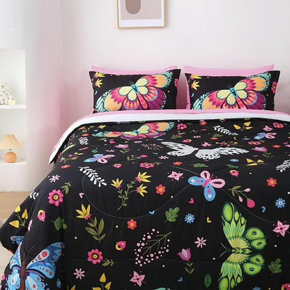 Girls Butterfly Comforter Set Twin Size Colorful Flowers Leaves Bedding Set for Kids Teens Black 7 Piece Bed in A Bag Super Soft All Season