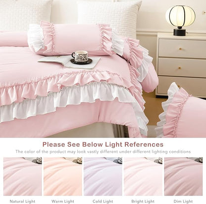 Masaca Ruffle Comforter Full Size,3 Pieces Farmhouse Shabby Boho Chic Bedding Sets Full,Women Girls Bedroom Vintage Rustic French Country Pink and White Bedding Comforter Set for All Season