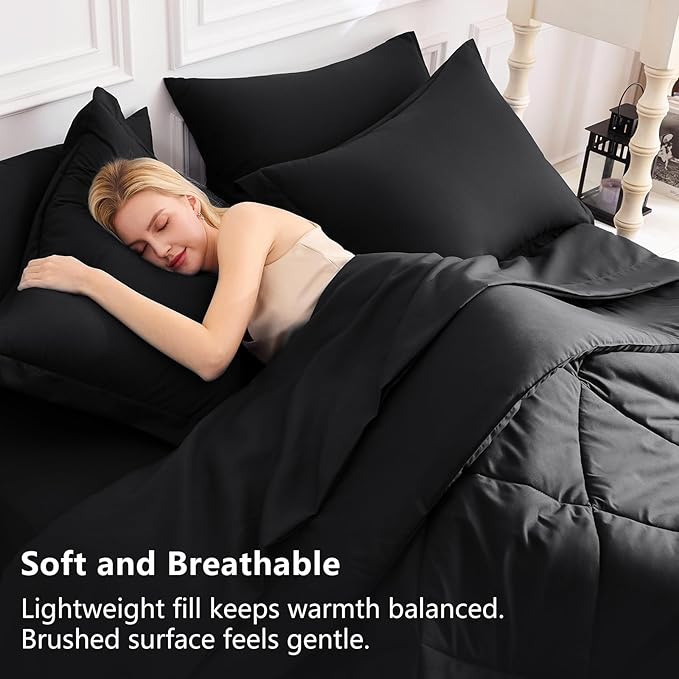CozyLux Queen Comforter Set Black - Bed in a Bag Queen Size 7 Pieces, Luxury Soft Bed Set for All Seasons, Bedding Set with Down Alternative Comforter, Sheets, Pillowcases & Shams