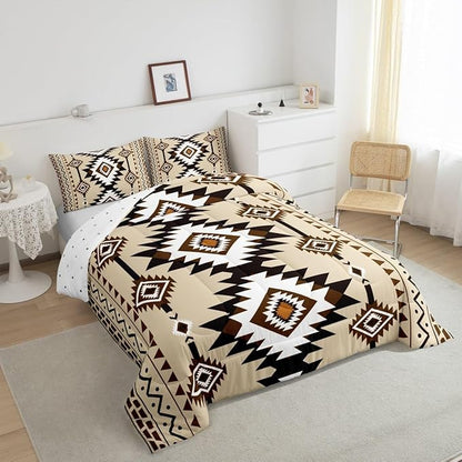 Feelyou Beige Brown Western Bedding Set Full Size Southwestern Aztec Comforter Set Country Tribal Native American Rustic Duvet Quilt