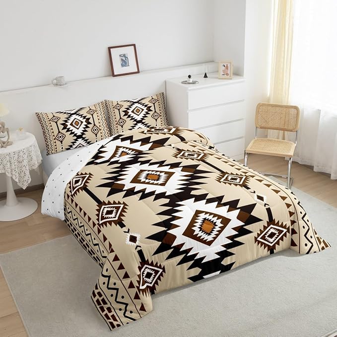 Feelyou Beige Brown Western Bedding Set Queen Size Southwestern Aztec Comforter Set Country Tribal Native American Rustic Duvet Quilt
