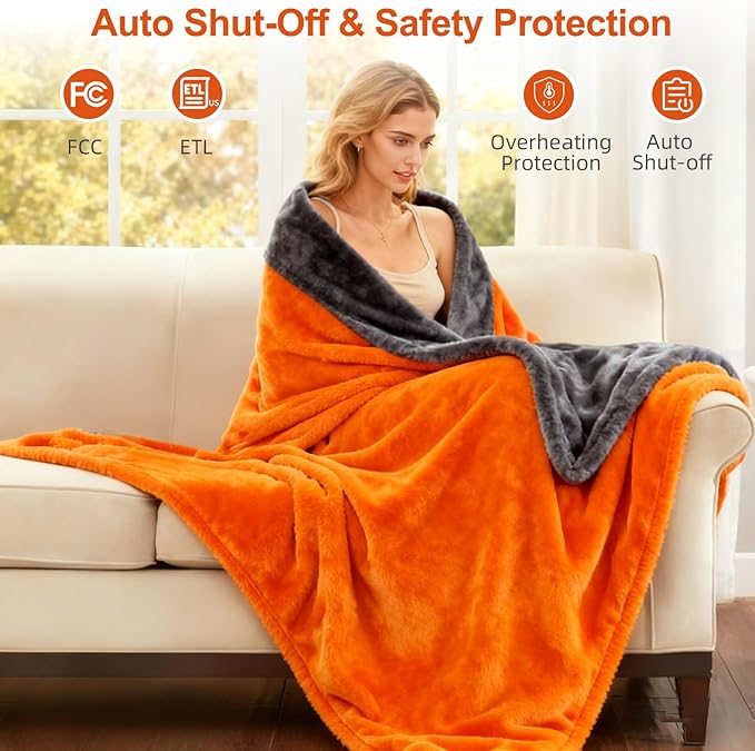 Electric Heated Blanket Throw 50" x 60" Soft Dual-Sided Flannel Fast Heating 12 Heat Levels 1–12H Timer & Overheat Protection & Auto Shut-Off & Machine Washable (Orange)
