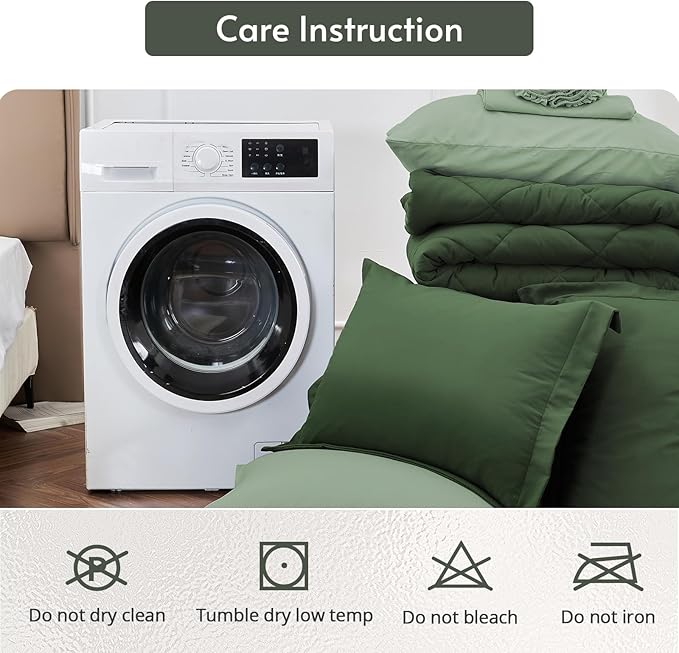 MUXHOMO 7 Pieces Queen Comforter Set, Reversible Bed in a Bag Queen Size, All Season Bedding Set with Comforter, Flat Sheet, Fitted Sheet, Pillowcases & Shams, Dark Green & Light Green