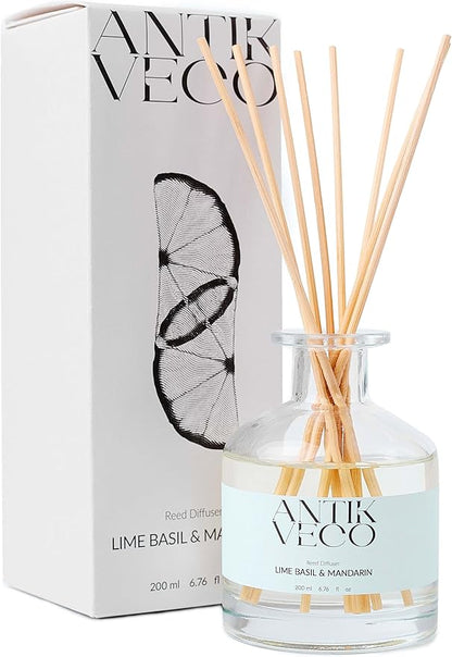 Lime Basil & Mandarin Reed Diffuser – Citrus & Herbal Diffuser for Home 6.7 fl oz – 8 Rattan Sticks – Premium Aromatherapy Oil – Elegant Glass Bottle – 90 Days Long Lasting Diffuser Set