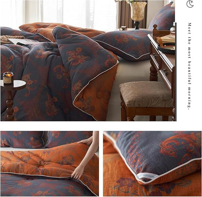 mixinni Vintage Floral Comforter Set Queen Size, All Seasons Muslin Cotton Bedding Set, 3 Pieces Farmhouse Shabby Chic Jacquard Floral Comforter Set Perfect for Women and Men-Grayish Blue/Pumpkin