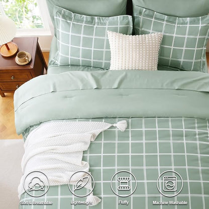 CozyLux Queen Comforter Set with Sheets - 7 Pieces Plaid Bed in a Bag Set Sage Green, Queen Bedding Sets Bed Set with All Season Quilted Comforter, Flat Sheet, Fitted Sheet, Pillowcases & Pillow Shams