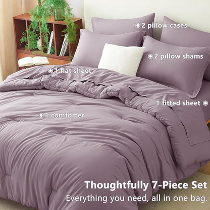 CozyLux Queen Comforter Set Dusty Purple, 7 Pieces Bed in a Bag Queen Comforter Set with Sheets, Bedding Sets with Down Alternative Comforter, Fitted Sheet, Flat Sheet, Pillow Shams and Pillowcases