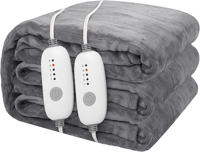 Electric Heated Blanket 84"x90" Queen Size Flannel Heated Blanket, Cozy & Warm for All Night, 5 Heat Settings & 10 Hours Auto Off, Machine Washable, Light Grey