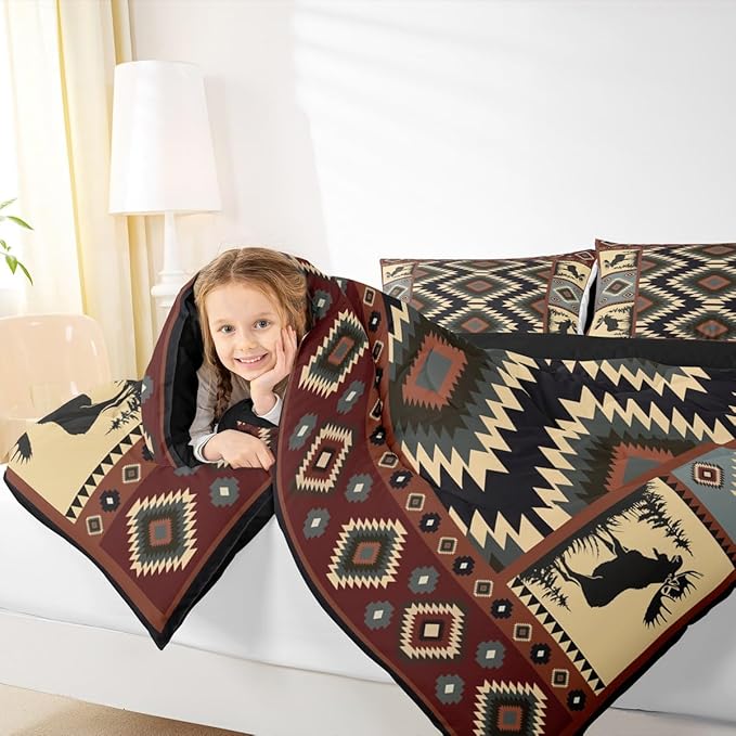 Erosebridal Buffalo Southwest Rustic Full Comforter Set,Country Farmhouse Aztec Bedding Set for Teens Adult,Tribal Deer Comforter Wildlife Hunting Theme Duvet Insert Western Cabin Decor,3 Piece