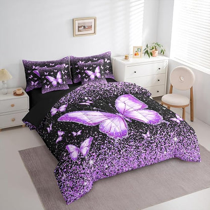 Feelyou Purple Butterfly 7 Piece Bedding Set Glitter Print Comforter Set with Sheets for Kids Boys Girls Pretty Animal Bed in a Bag Beautiful Butterfly Bed Set Soft Lightweight