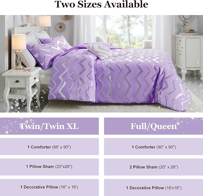 Codi Twin XL Bedding Set - Cute Purple Bed Set, Metallc Print Comforter - 3 Piece Sets for Girls, Includes 1 Comforter, 1 Decorative Pillow, and 1 Pillow Case - All Season, Lightweight and Warm