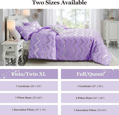 Codi Twin XL Bedding Set - Cute Purple Bed Set, Metallc Print Comforter - 3 Piece Sets for Girls, Includes 1 Comforter, 1 Decorative Pillow, and 1 Pillow Case - All Season, Lightweight and Warm