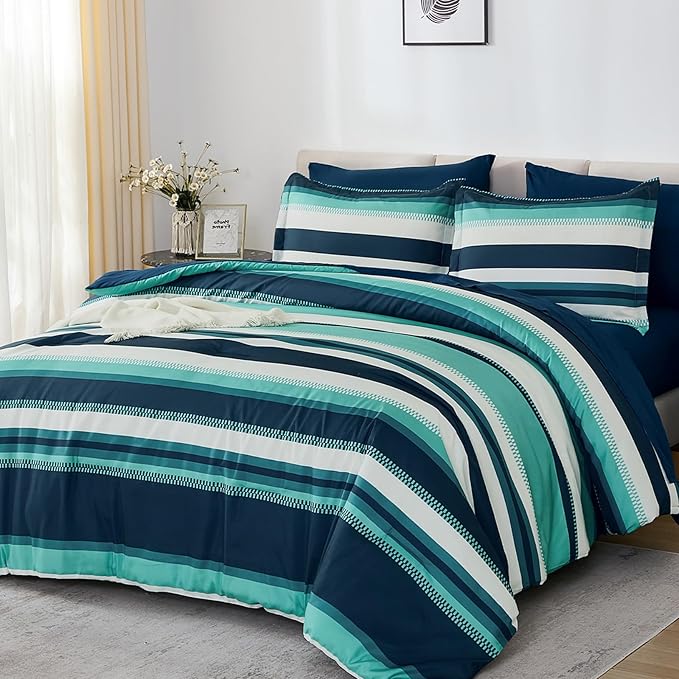 WONGS BEDDING Queen Comforter Set, Teal Comforter Set Queen, 7 Pieces Striped Bed in a Bag, Soft Micorfiber Bedding Set with Comforter, Flat Sheet, Fitted Sheet, Pillow Shams, Pillowcase